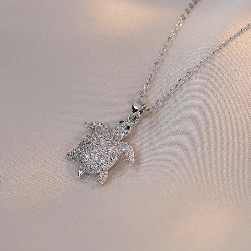 Crystal Stone Turtle Silver Necklace