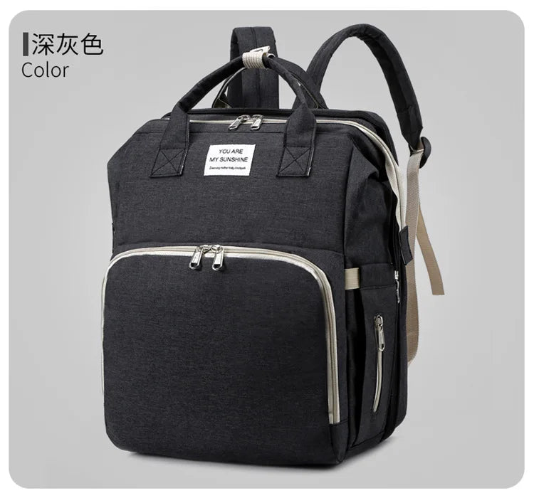 Mommy Diaper Bag – Baby Bed, Milk Bottle Storage & Changing Mat Backpack for Nursing Moms