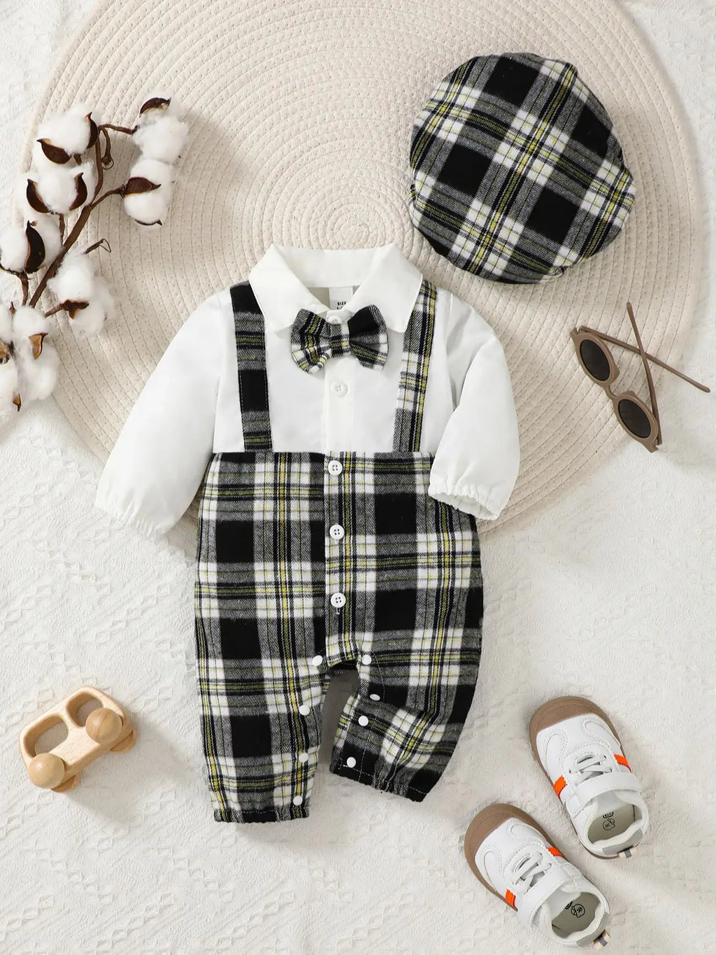 Newborn Baby Boy Plaid Jumpsuit with Hat