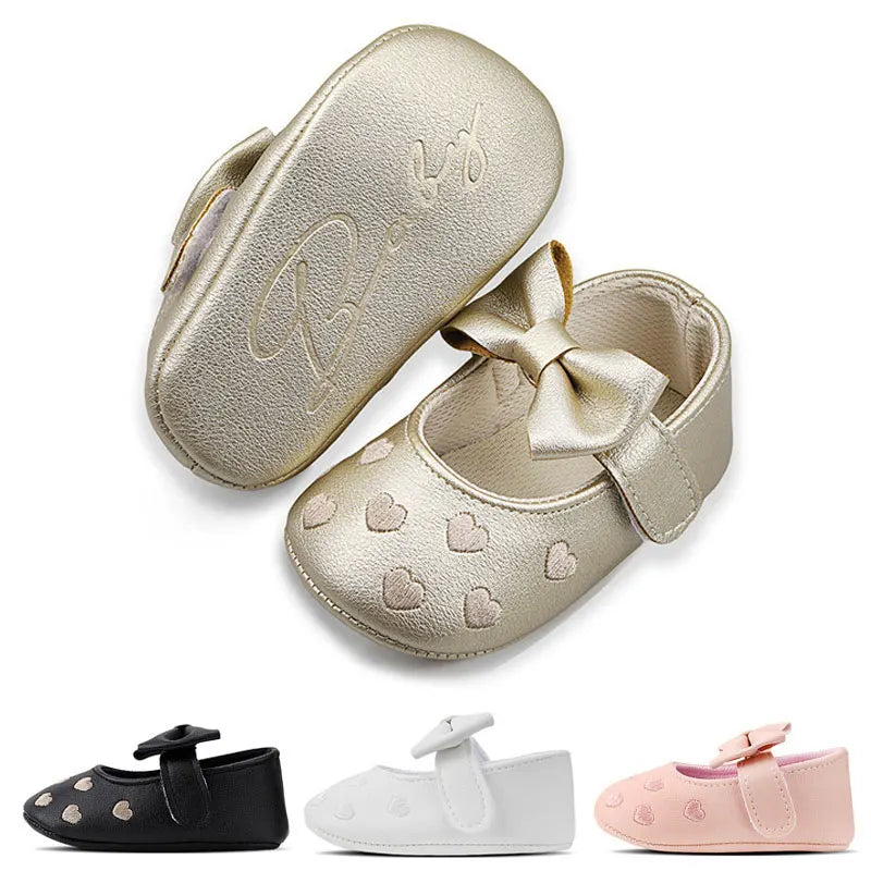 Baby Girls First-Step Shoes (0–18M) – Soft Sole Dress Shoes with Bow & Heart