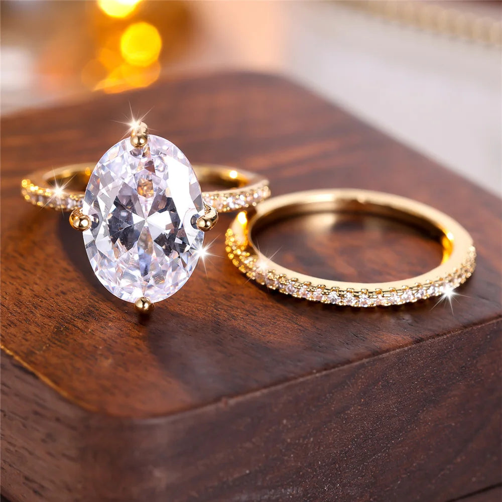 Crystal Female White Green Zircon Oval Stone Ring Set Fashion Vintage Gold Color Bridal Wedding Engagement Jewelry For Women