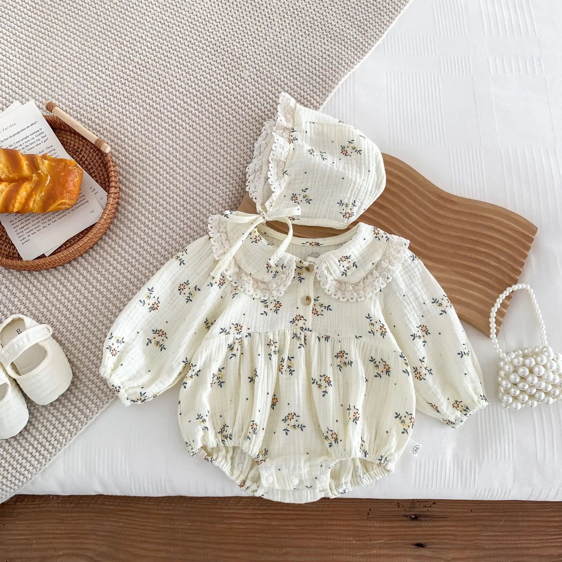 Newborn Baby Girl Romper & Hat, Spring 2PCS Outfit
