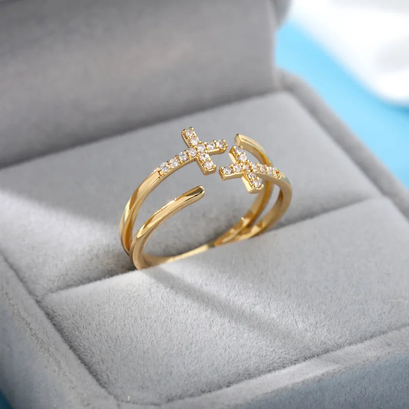 Gold Stainless Steel Crystal Ring