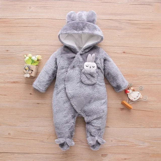 0–2 Years Baby Plush Jumpsuit, Cute Dog & Rabbit Print