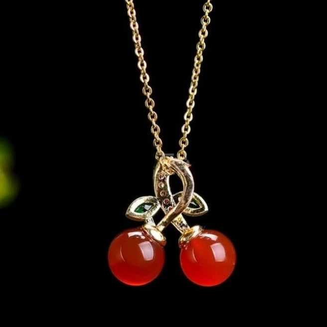 Natural Red Agate Cherry Pendant