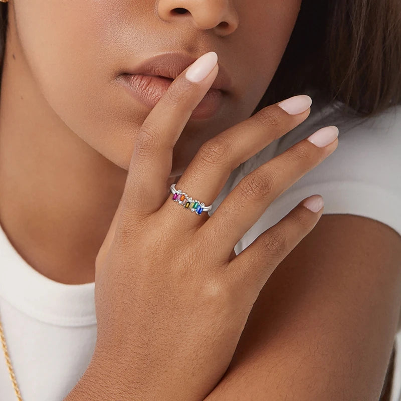 Original 925 Sterling Silver Rings Sparkling Rainbow Candy Zircon Rings For Women Girls Jewelry Birthday Anniversary Gifts