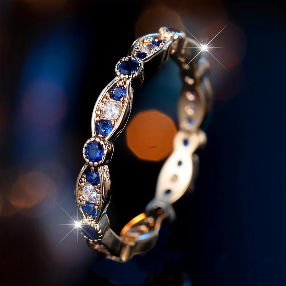 Cute Female White Blue Zircon Stone Round Ring Vintage Gold Color Wedding Jewelry For Women