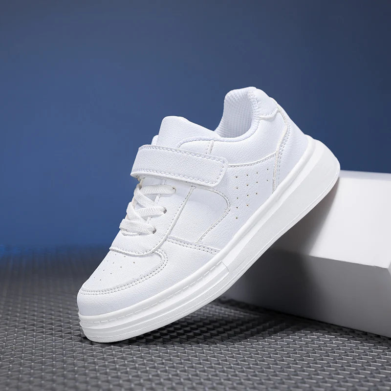 Kids White Leather Sneakers – Waterproof Low-Cut Shoes