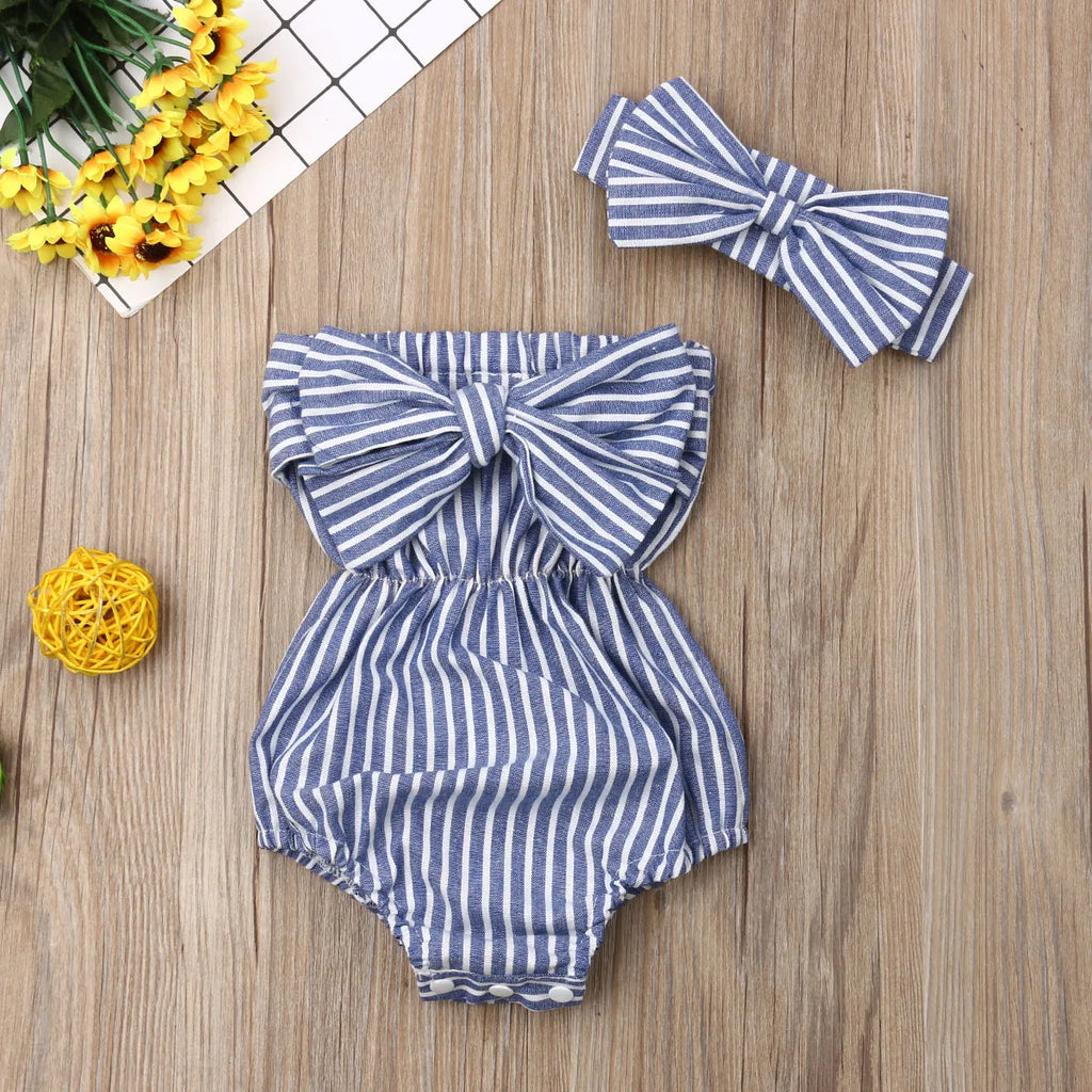 Baby Girl Summer Stripe Romper Set with Headband