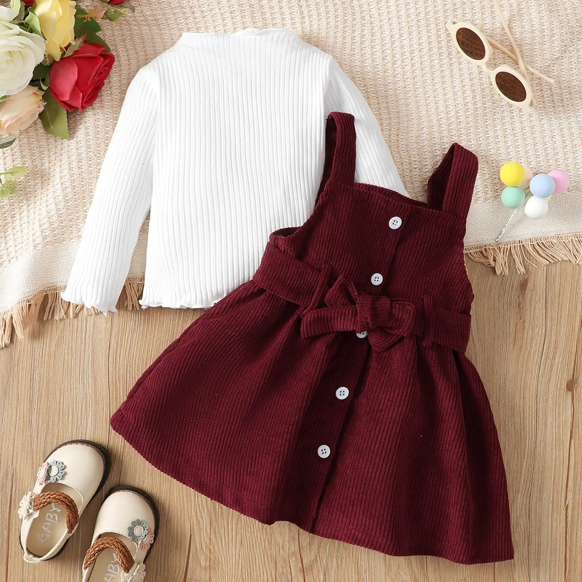 Baby Girl Dress Set – Solid Color, Long Sleeve (0–3Y)