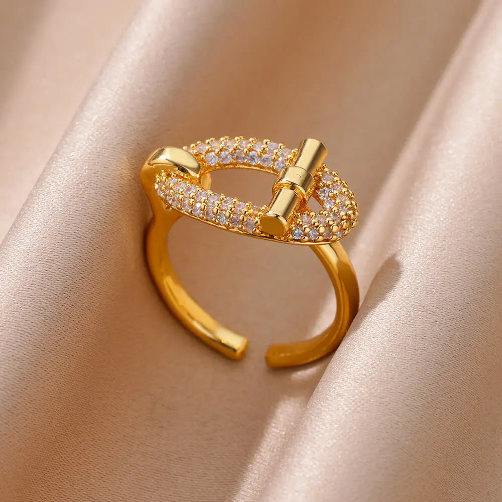Gold Stainless Steel Crystal Ring