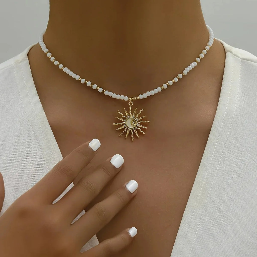 Retro Golden-Toned Sun Pendant Necklace