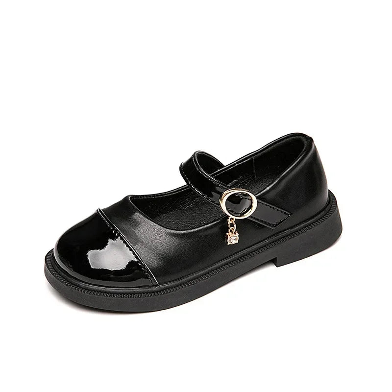 Girls’ Black Leather Casual Shoes – Princess Toddler Flats