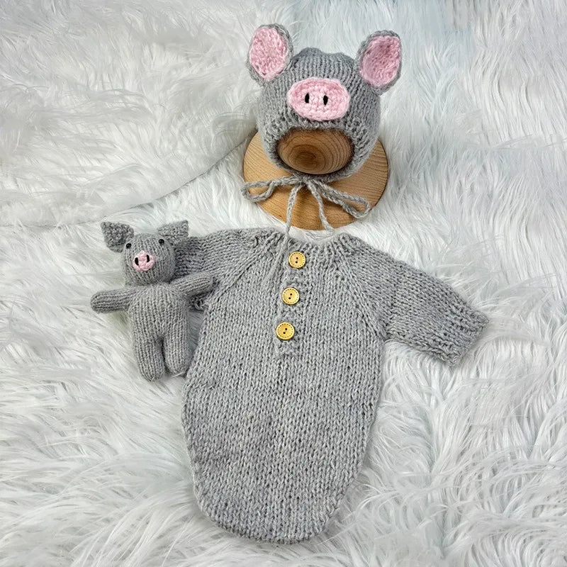 3pcs Baby Costumes Newborn Photography Outfits Adorable Pig Hat