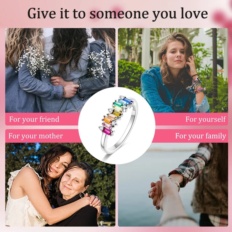 Original 925 Sterling Silver Rings Sparkling Rainbow Candy Zircon Rings For Women Girls Jewelry Birthday Anniversary Gifts