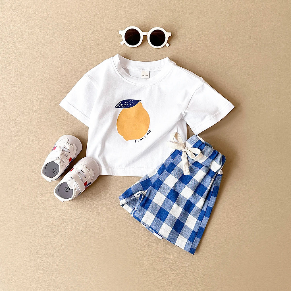 2PCS Baby Boys Girls Clothes Set T-shirt & Checkered Shorts 0-3Y