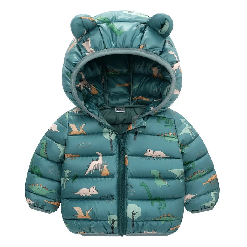 Baby Boys Girls Down Coats Long Sleeve Cartoon Dinosaur Print Jackets 1-5Yrs