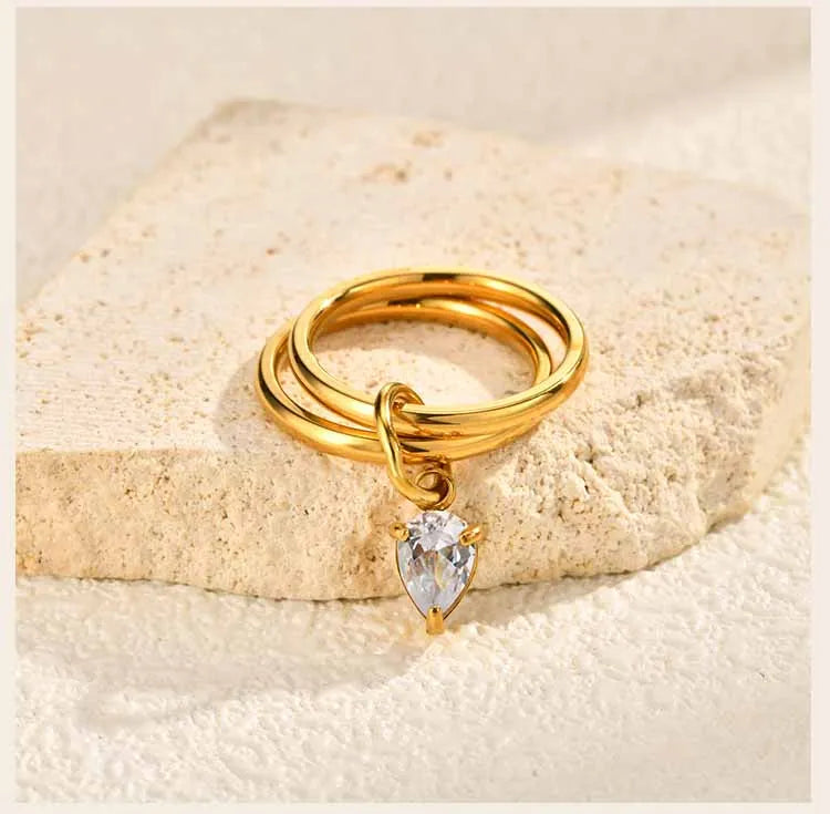 Tarnish Free Double Layer Stacking Heart Zirconia Pendant Ring 18k PVD Plated Stainless Steel Women Fashion Jewelry