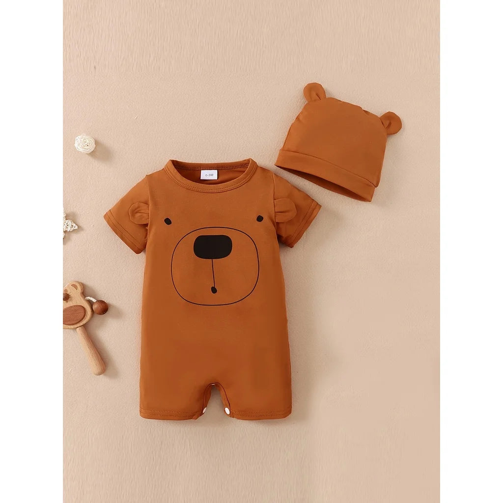 2PCS Baby Boy Bear Romper with Hat, Summer Outfit (0–18M)