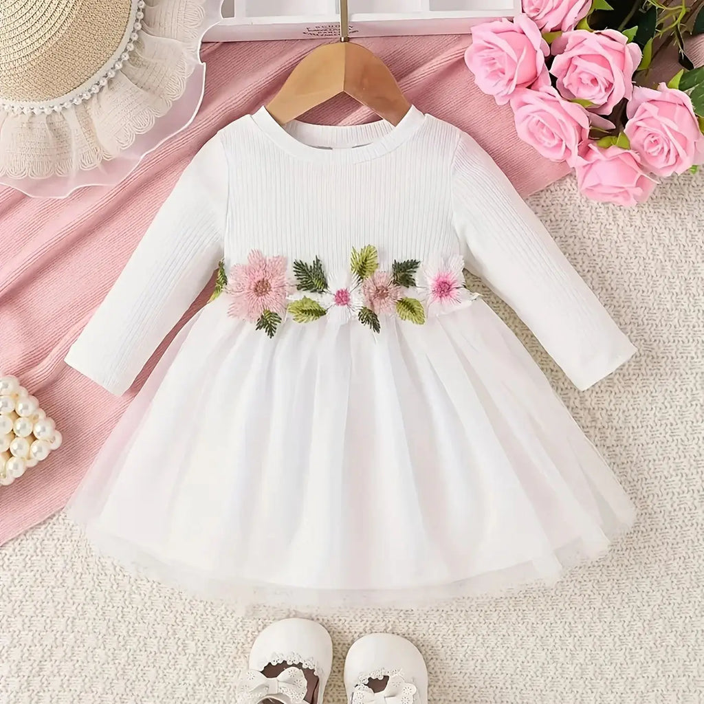 Long Sleeve Baby Girl Dress, Mesh Floral Princess Outfit
