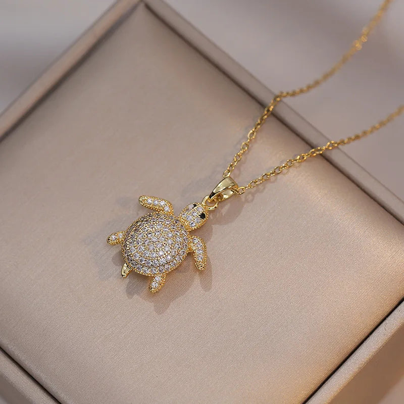 Crystal Stone Turtle Silver Necklace