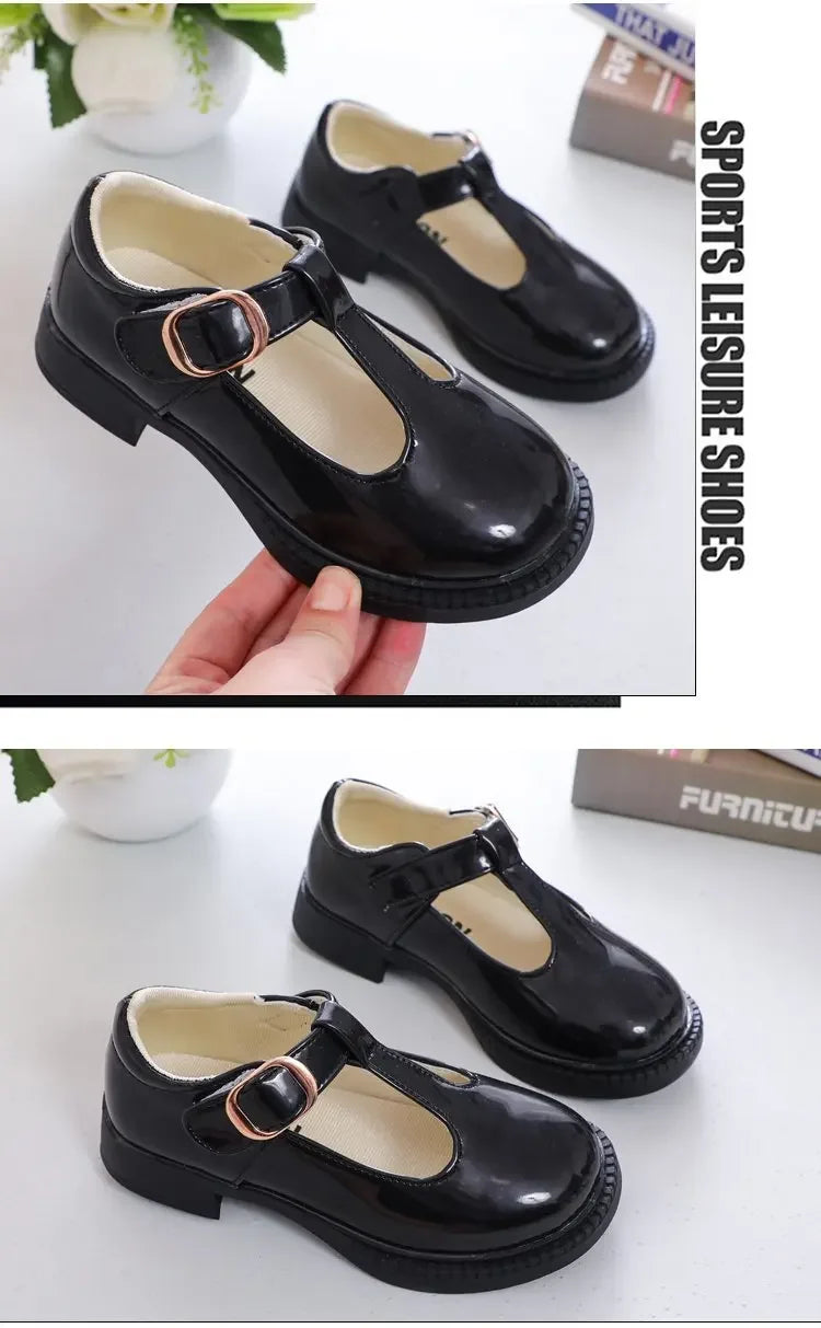 Kids’ Leather T-Strap Flats – School & Party Shoes (26–36)