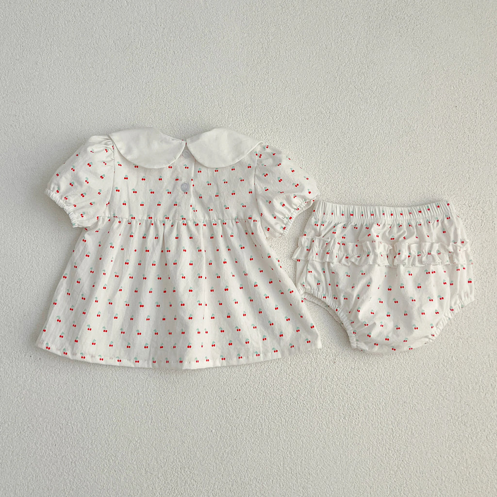 Baby Girl Cherry Floral Outfit – Summer (0–12M)