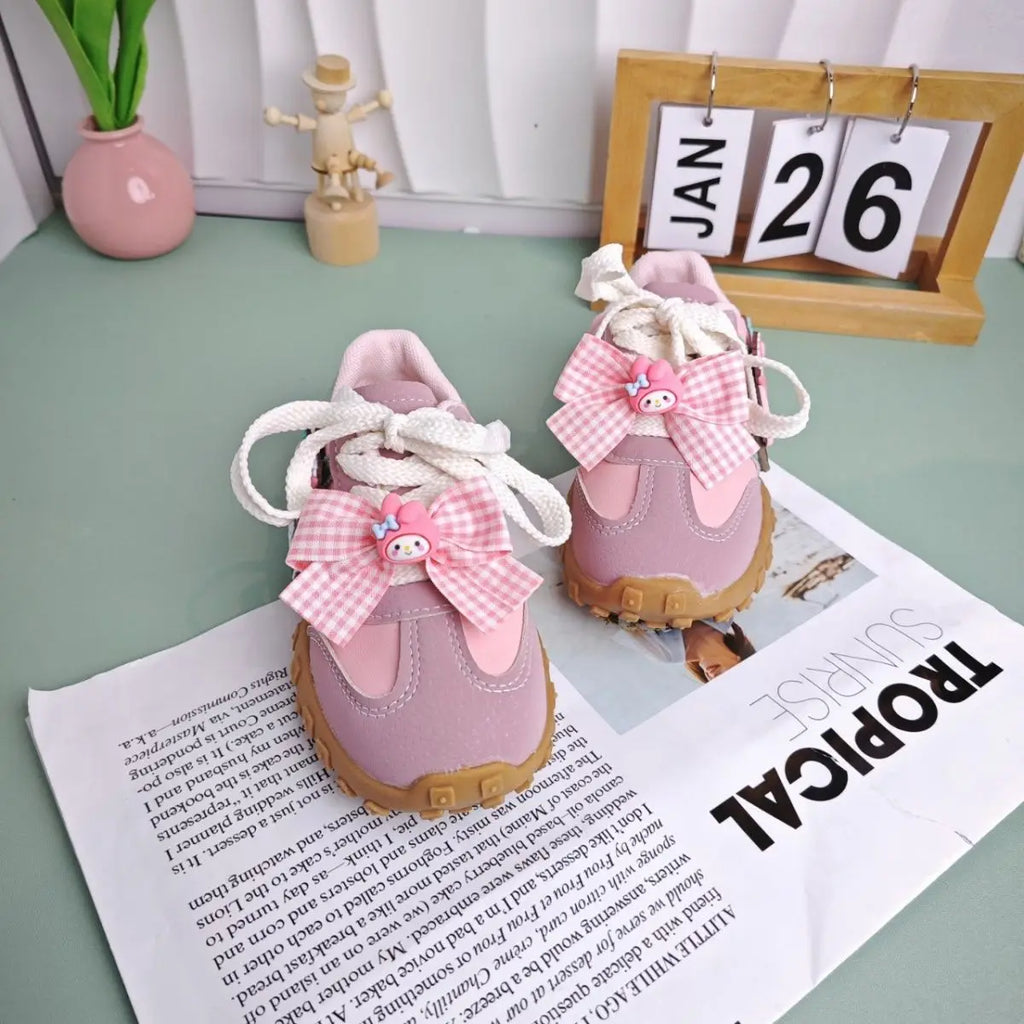 Girls Cartoon PU Sneakers – Anti-Slip Pink Casual Shoes (26–37)