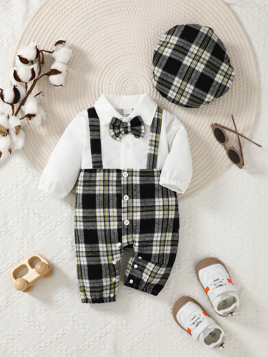 Newborn Baby Boy Plaid Jumpsuit with Hat