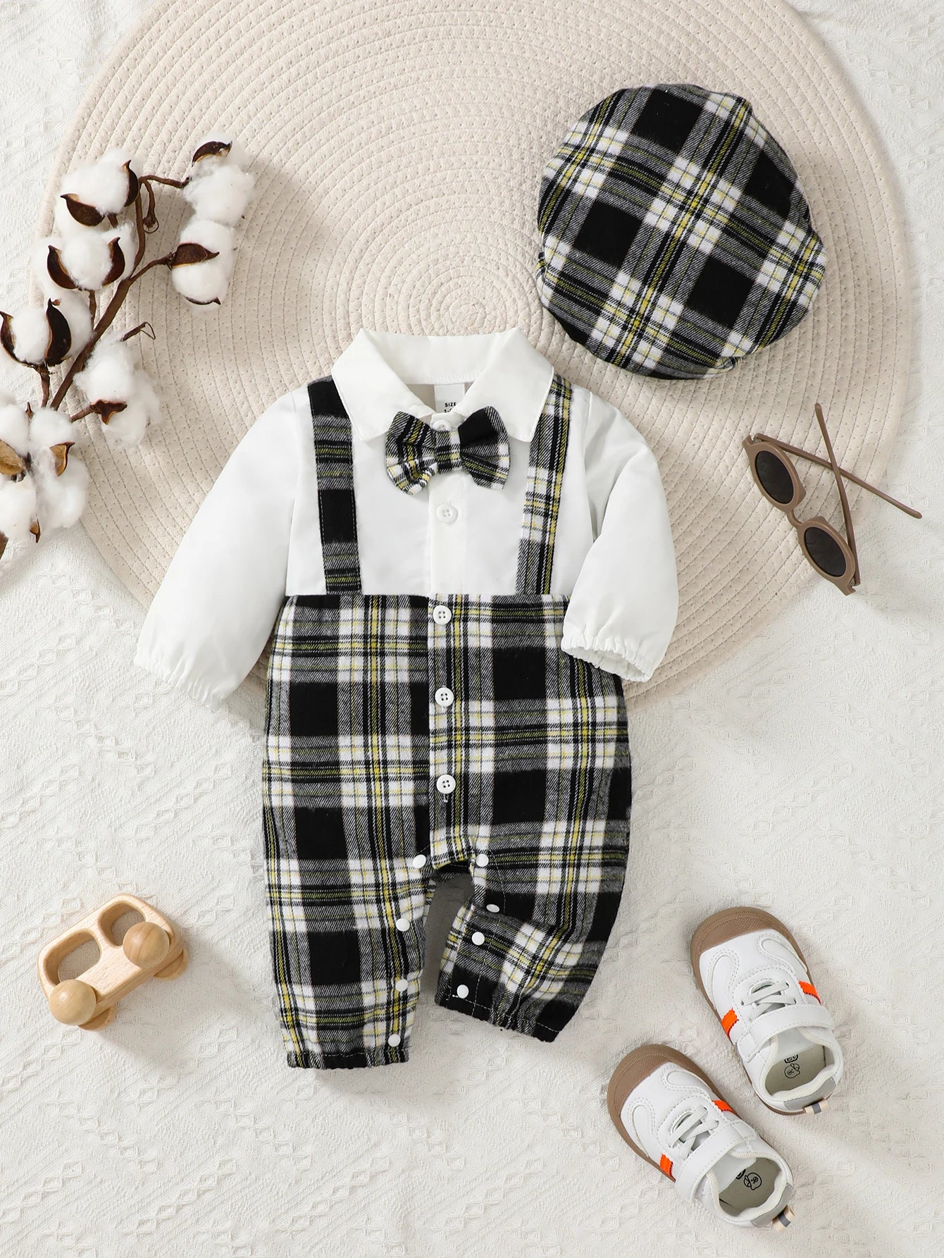 Newborn Baby Boy Plaid Jumpsuit with Hat