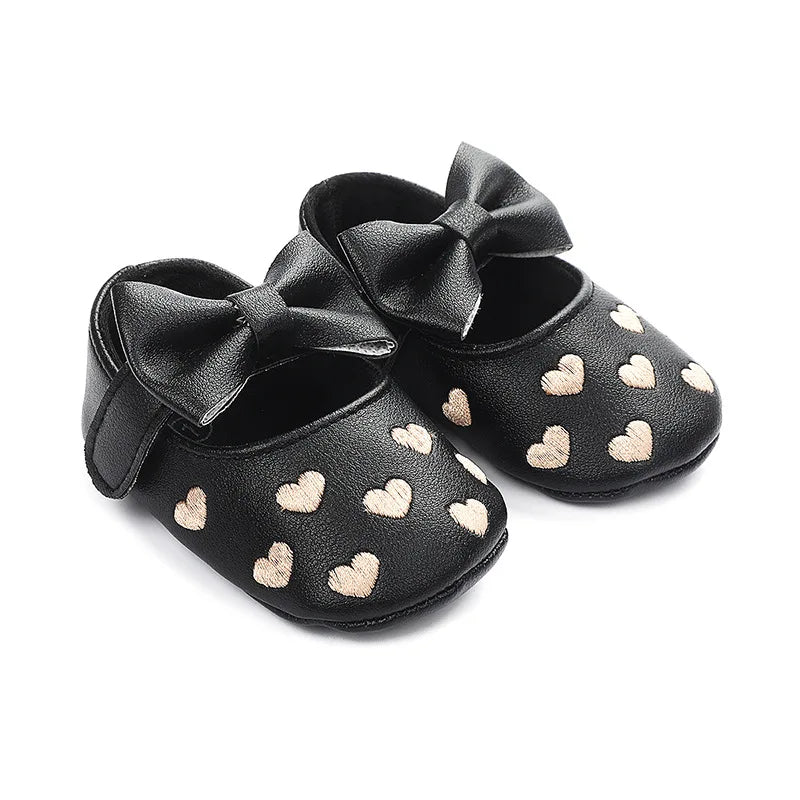 Baby Girls First-Step Shoes (0–18M) – Soft Sole Dress Shoes with Bow & Heart
