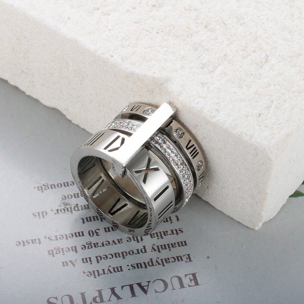 Three Layers Roman Numerals Ring for Women Luxury Stainless Steel Rotatable Crystal Finger Rings Female Wedding Trendy Jewelry