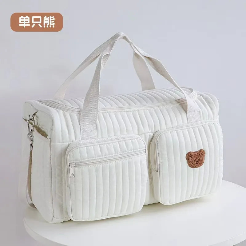Baby Diaper Bag – Cotton Fabric, Cute Bear Flower Embroidery, Zipper Mommy Handbag