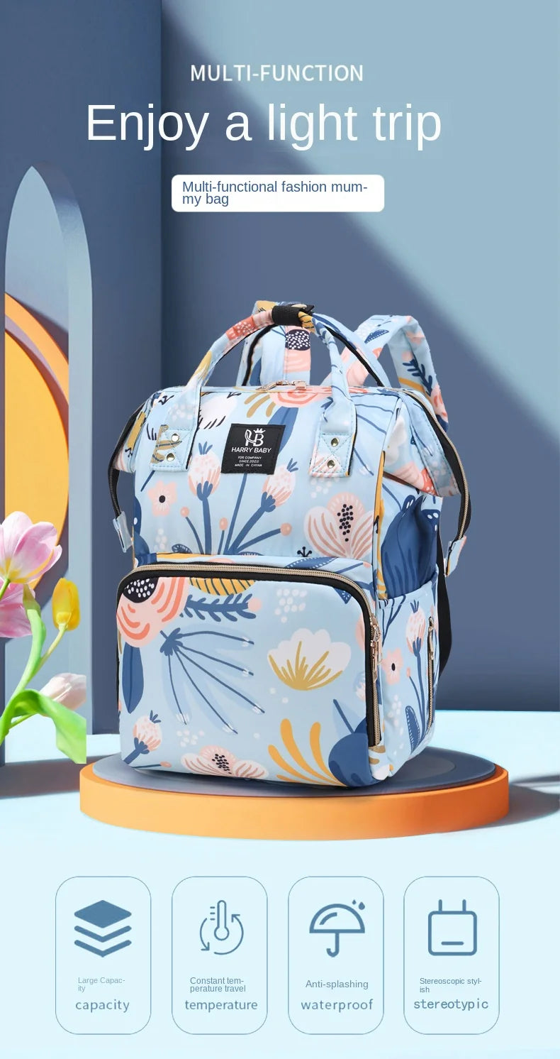 Fashion Print Nappy Backpack – Multi-Functional Large Capacity Mommy Bag for Outdoor Travel & Baby Care