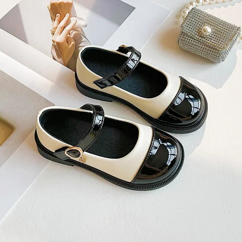 Girls’ Black Leather Casual Shoes – Princess Toddler Flats