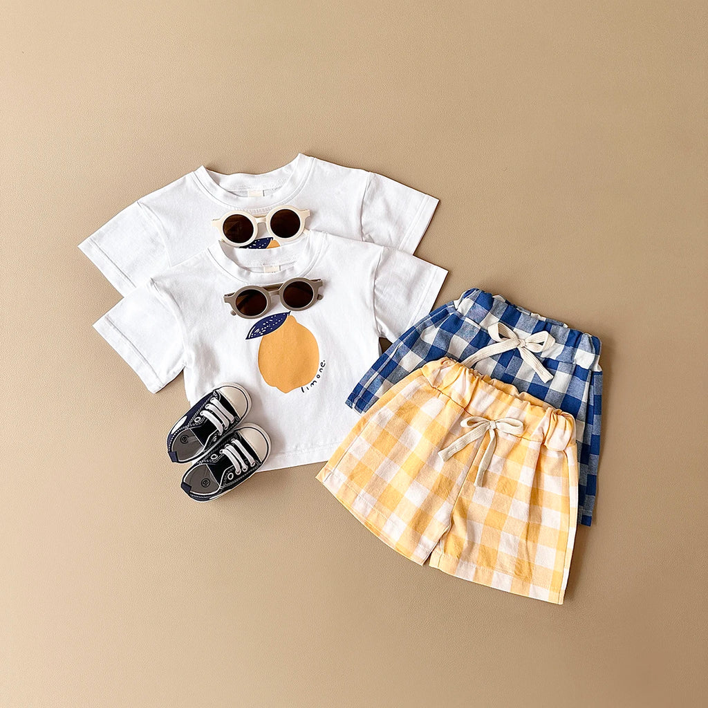 2PCS Baby Boys Girls Clothes Set T-shirt & Checkered Shorts 0-3Y