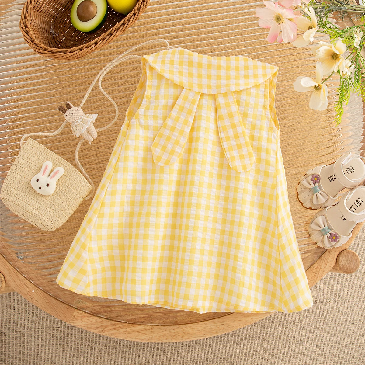 Baby Girl Summer Dress Set, Cute Plaid & Cartoon Design with Bag